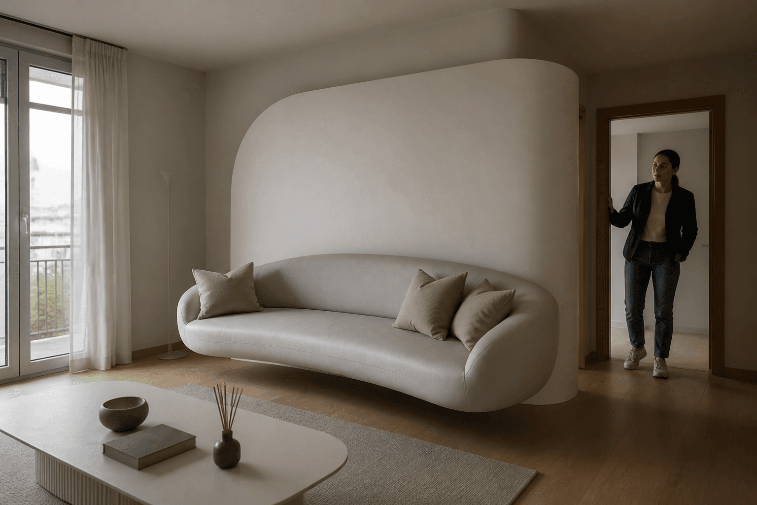 A living room with furniture that does not fit, like fake AI staging.