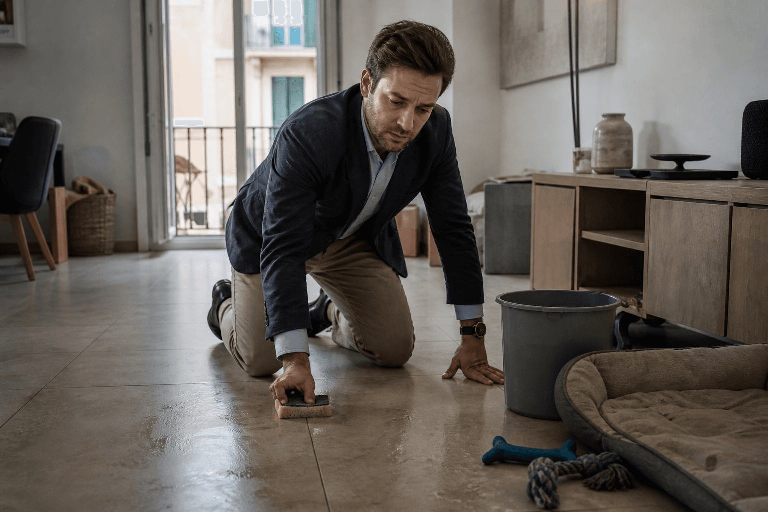 An agent scrubbing the floor of a messy flat, dog bed pushed aside.