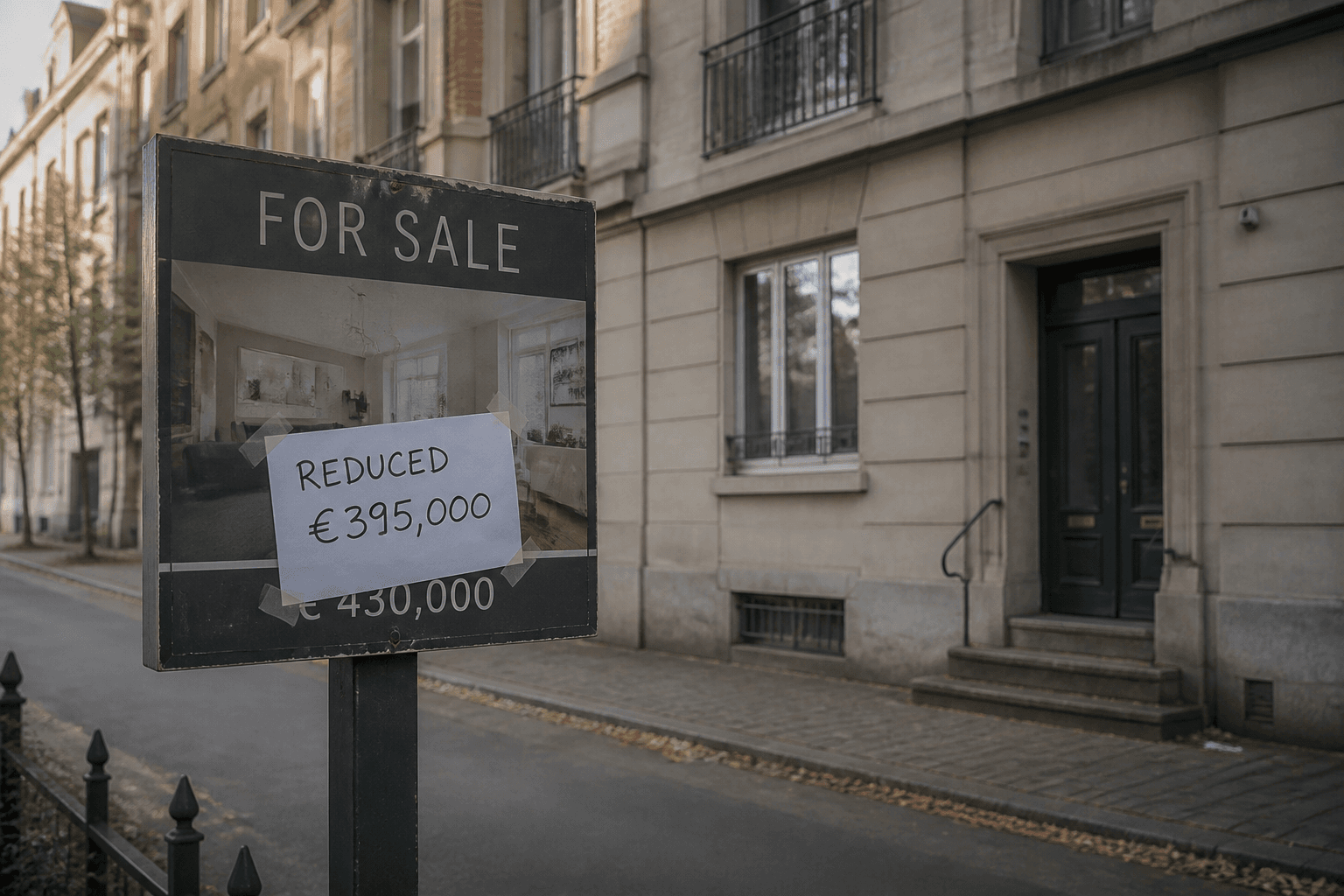 A for-sale sign with the price crossed out and cut.